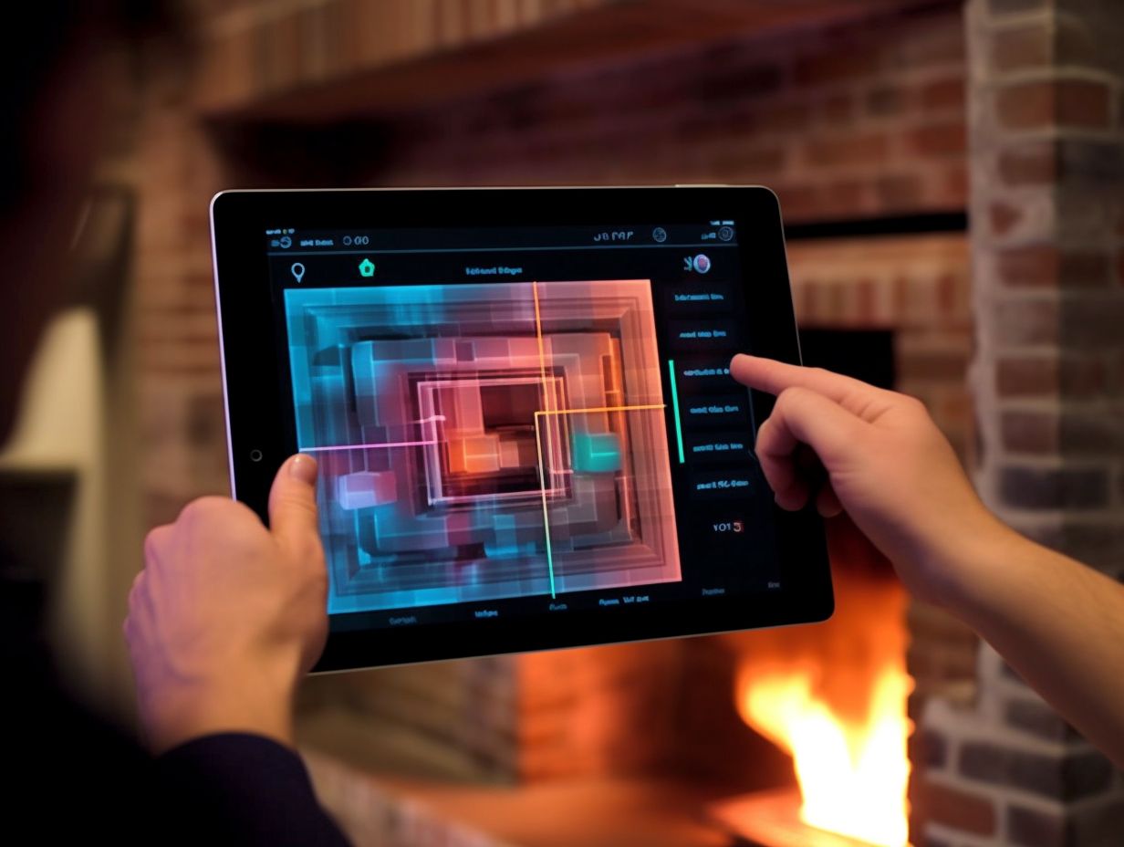 Technician using tablet to inspect inside of chimney with realtime data and graphs displayed on screen