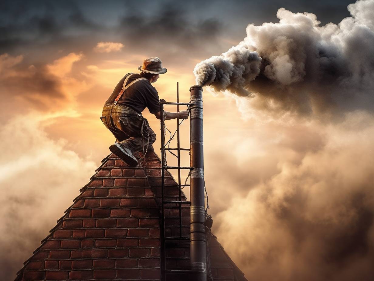 A professional chimney sweep using rods and brushes to clean a chimney with billowing smoke in the background