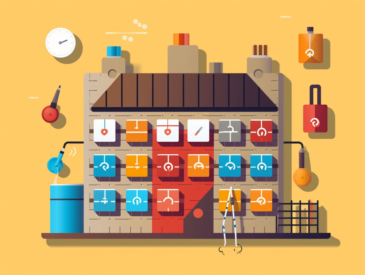 Digital calendar with colored blocks representing scheduled chimney inspections and maintenance tasks with icons of tools and equipment to showcase benefits of scheduling and work order management tools