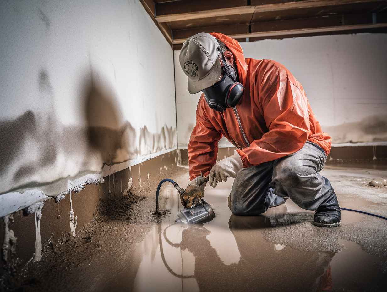 Professional waterproofing contractor applying sealant to a basement wall with tools and equipment in the background