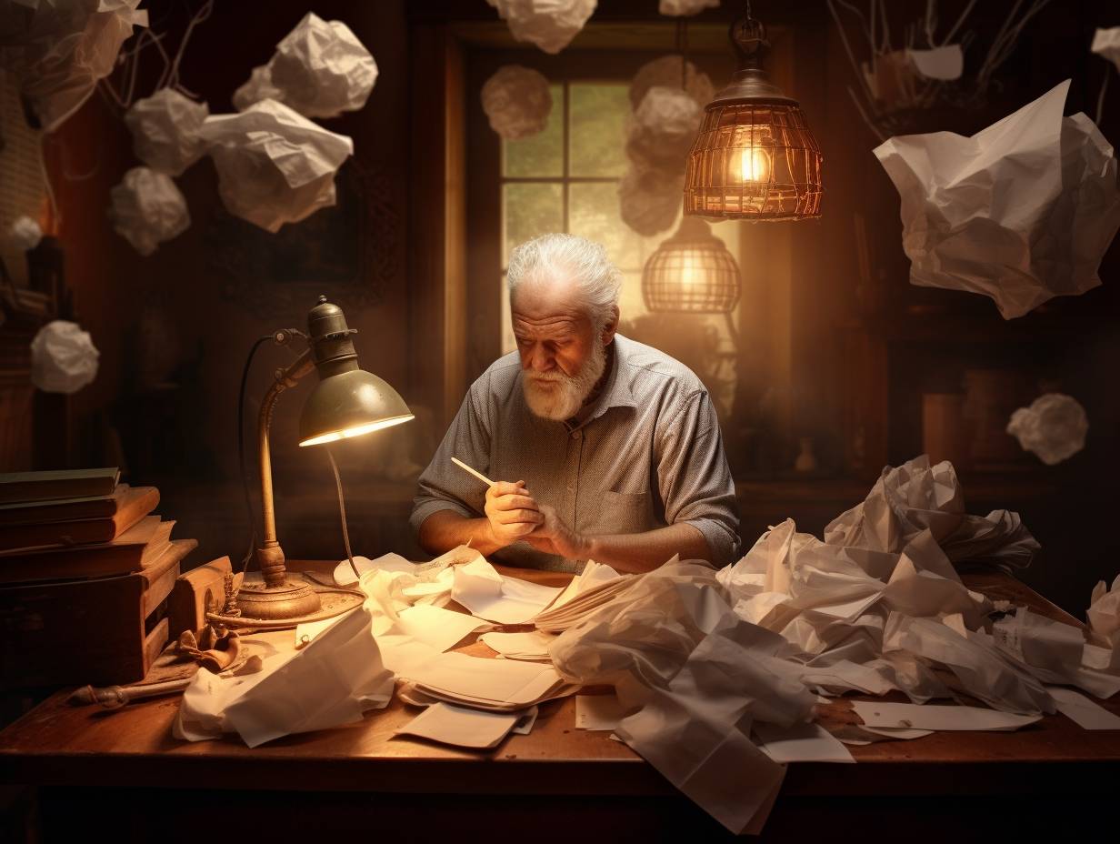 Frustrated writer sitting at desk with crumpled papers lightbulb overhead and clear path of ideas leading to fresh sheet of paper