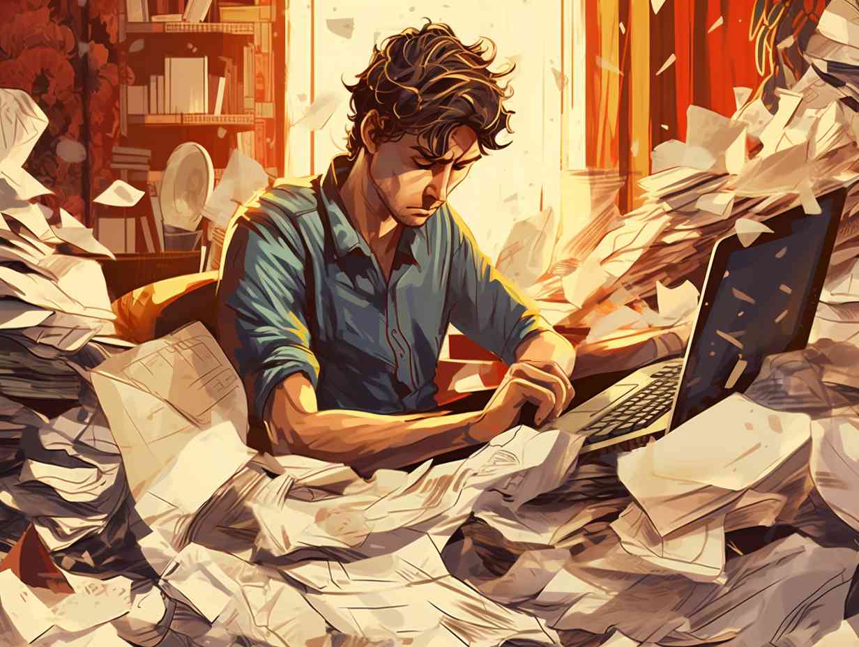 Frustrated writer sitting at cluttered desk with crumpled papers and tangled pen looking frustrated while organized notes and laptop with blank document wait behind