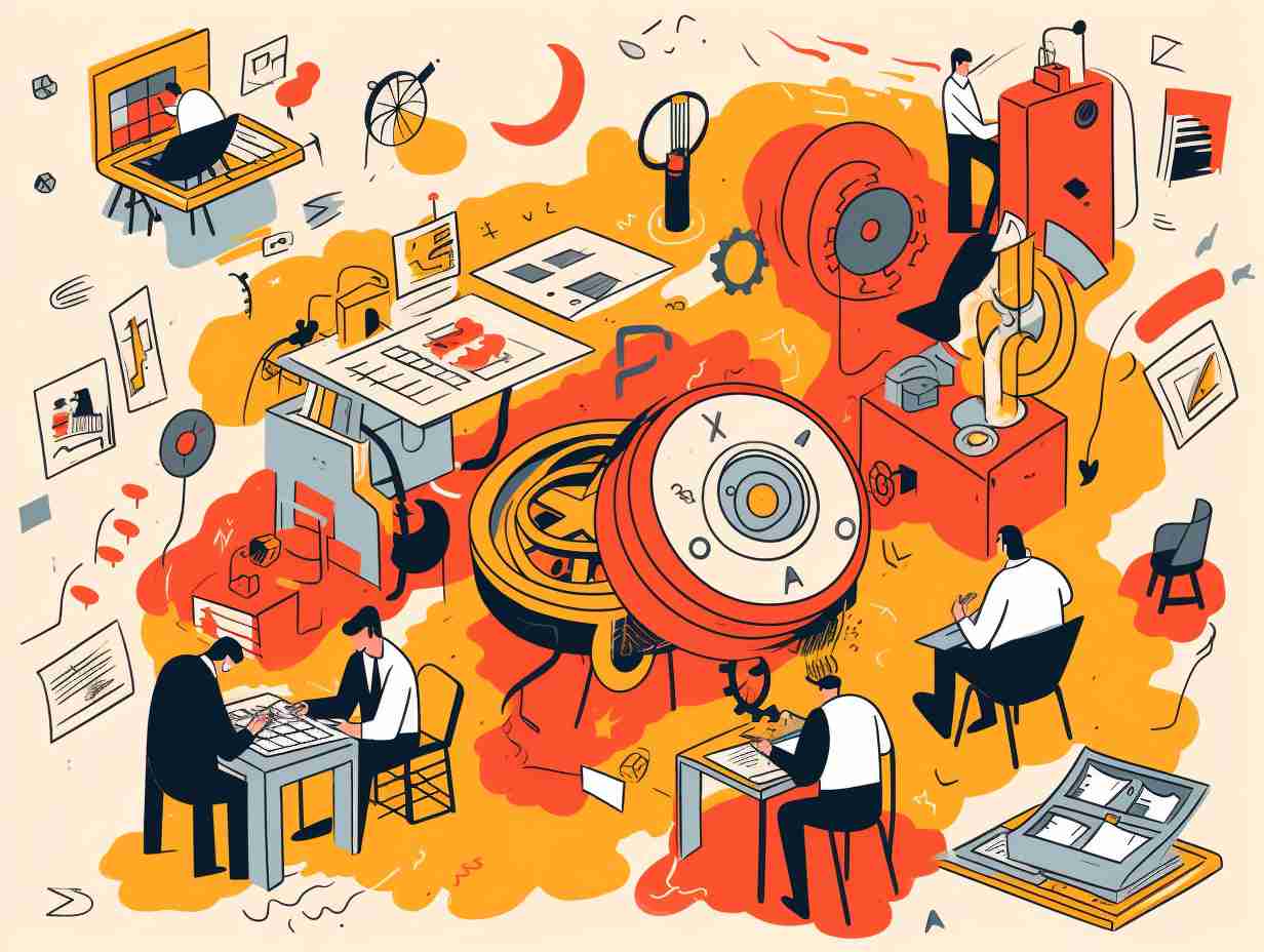 A visual representation of the process of troubleshooting draft dilemmas using diagrams, arrows, and problem-solving strategies.