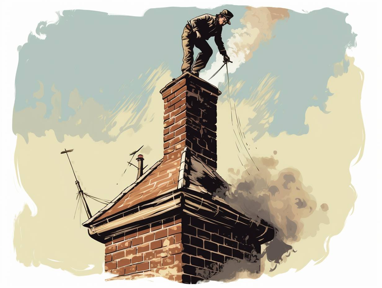 Professional chimney inspector and cleaner examining a chimney with creosote buildup cracked bricks and debris with smoke billowing out of the top