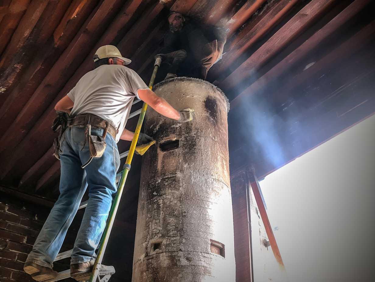 Professional chimney sweep using long brush to remove soot and debris from chimney flue while another technician inspects interior for damage or blockages