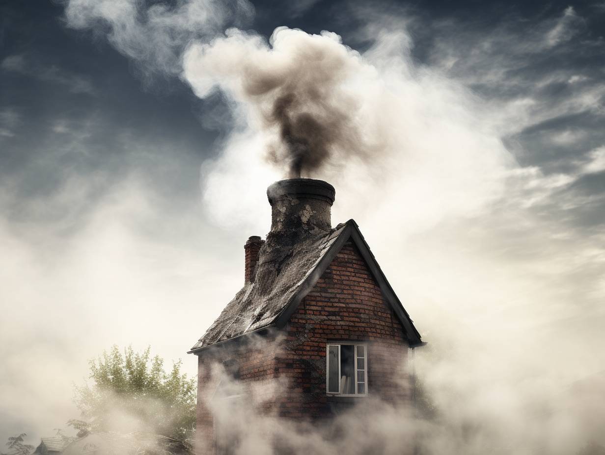 A side-by-side comparison of a dirty chimney filled with smoke and soot next to a clean and clear chimney, highlighting the importance of regular maintenance.