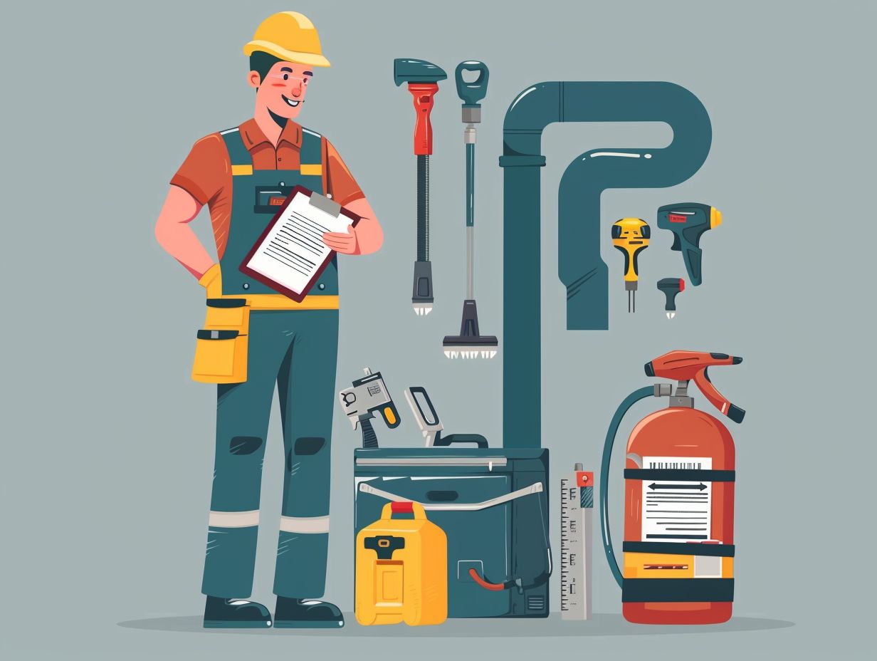 A chimney technician standing next to a toolbox, holding a clipboard with a list of interview questions, surrounded by various chimney cleaning tools and equipment.