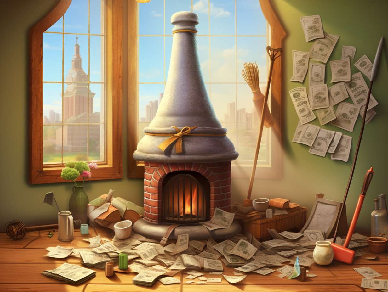 A pristine wellmaintained chimney with a small pile of money at its base surrounded by symbols of cleanliness and efficiency such as a broom a vacuum and a sparkling window