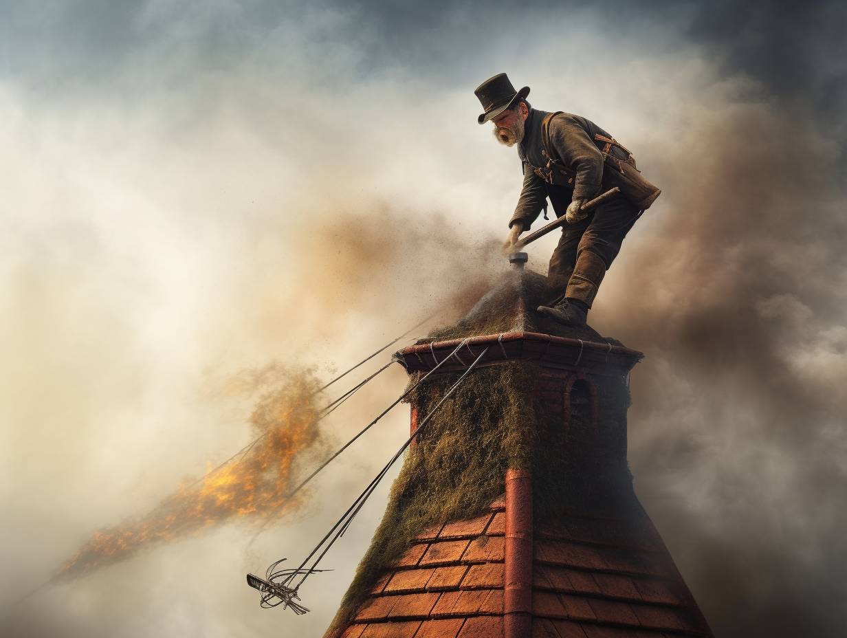 A professional chimney sweep in protective gear using a long brush and ladder to remove soot and debris from a chimney, with smoke rising in the background.