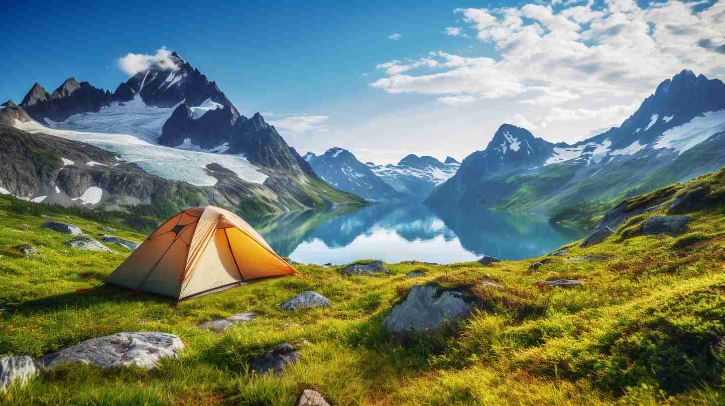 A breathtaking vista of a pristine alpine lake surrounded by towering snow-capped peaks, nestled in a lush green valley dotted with colorful wildflowers, inviting adventurers to experience unparalleled serenity in 2024s ultimate camping destinations.