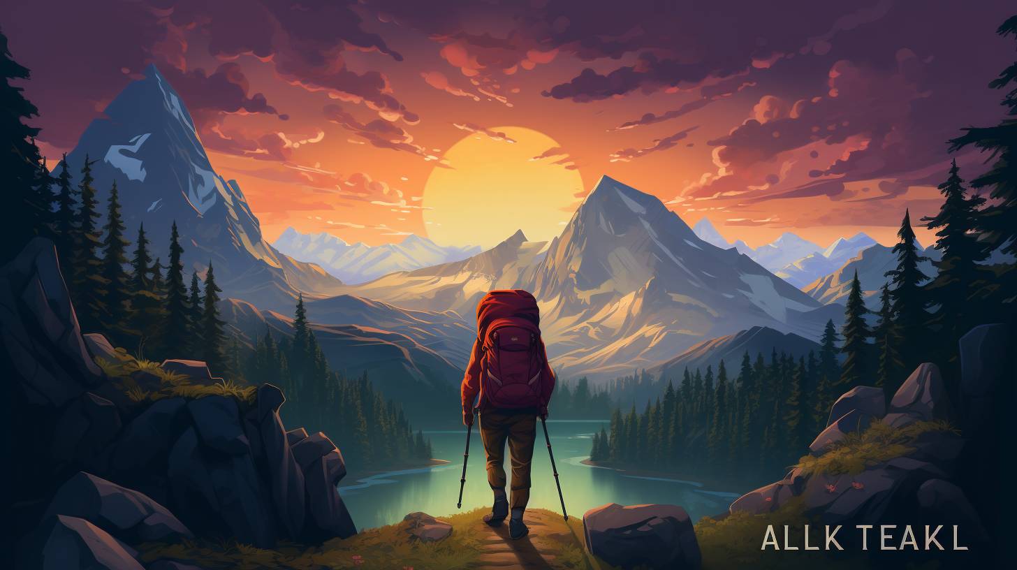 A hiker standing triumphantly atop a mountain peak, surrounded by a picturesque forest, pristine lakes, and a clear star-filled sky, capturing the thrill of backpacking camping in 2024.