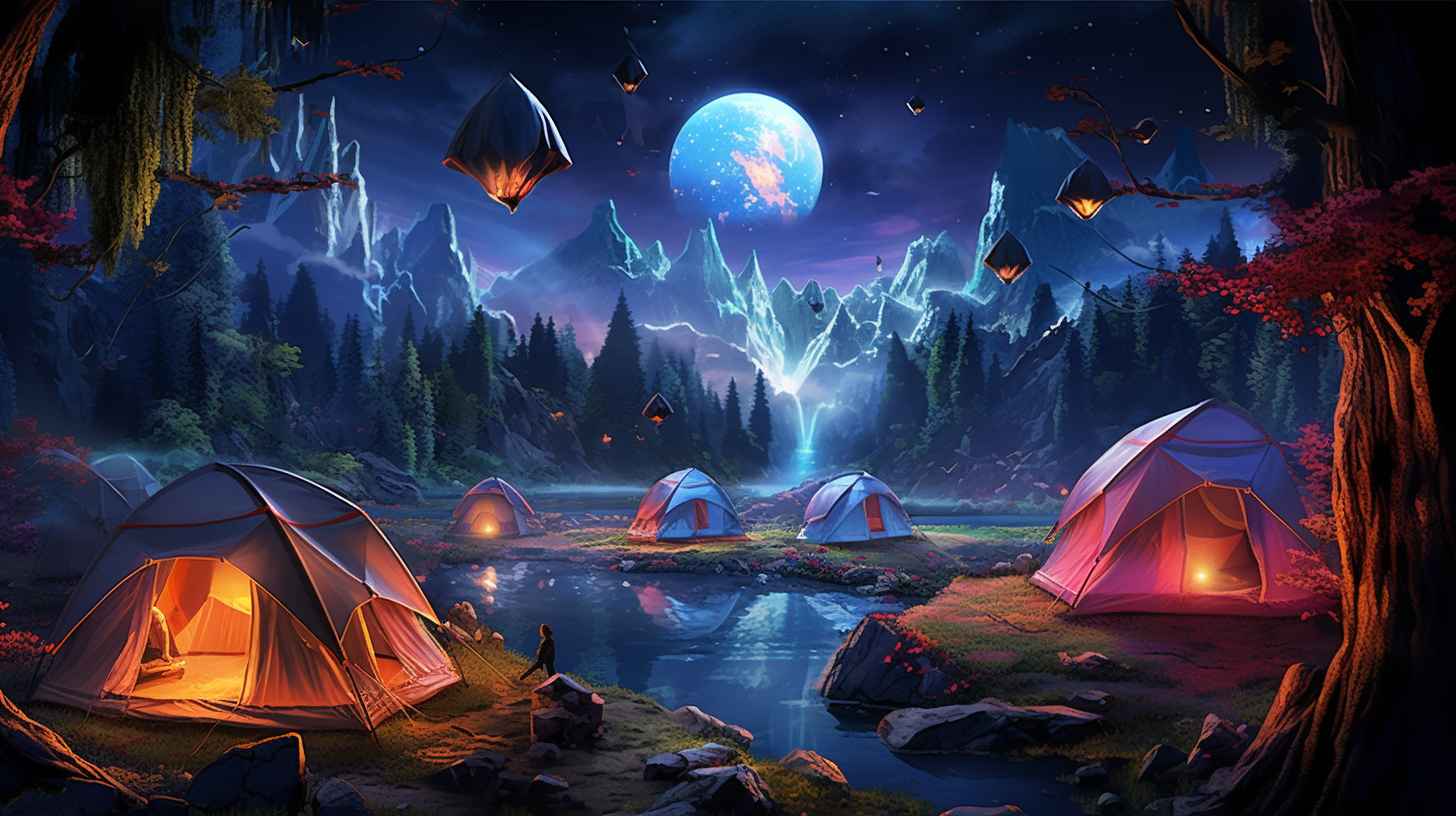 A breathtaking futuristic camping scene in 2024, with transparent bubble tents nestled amidst lush technicolor forests, glowing bioluminescent plants, and a shimmering holographic campfire under a star-filled sky.