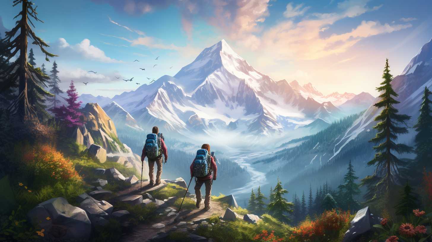 Hikers conquering a challenging trail in a breathtaking mountain landscape, with colorful backpacks and camping gear adding pops of excitement