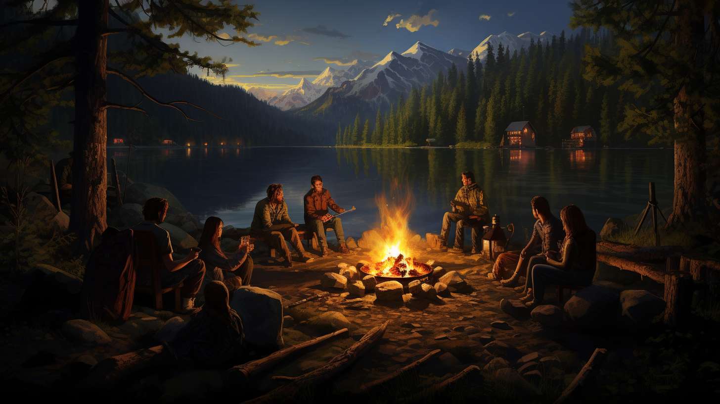 Friends gathered around a crackling fire, roasting marshmallows at a rustic campsite.