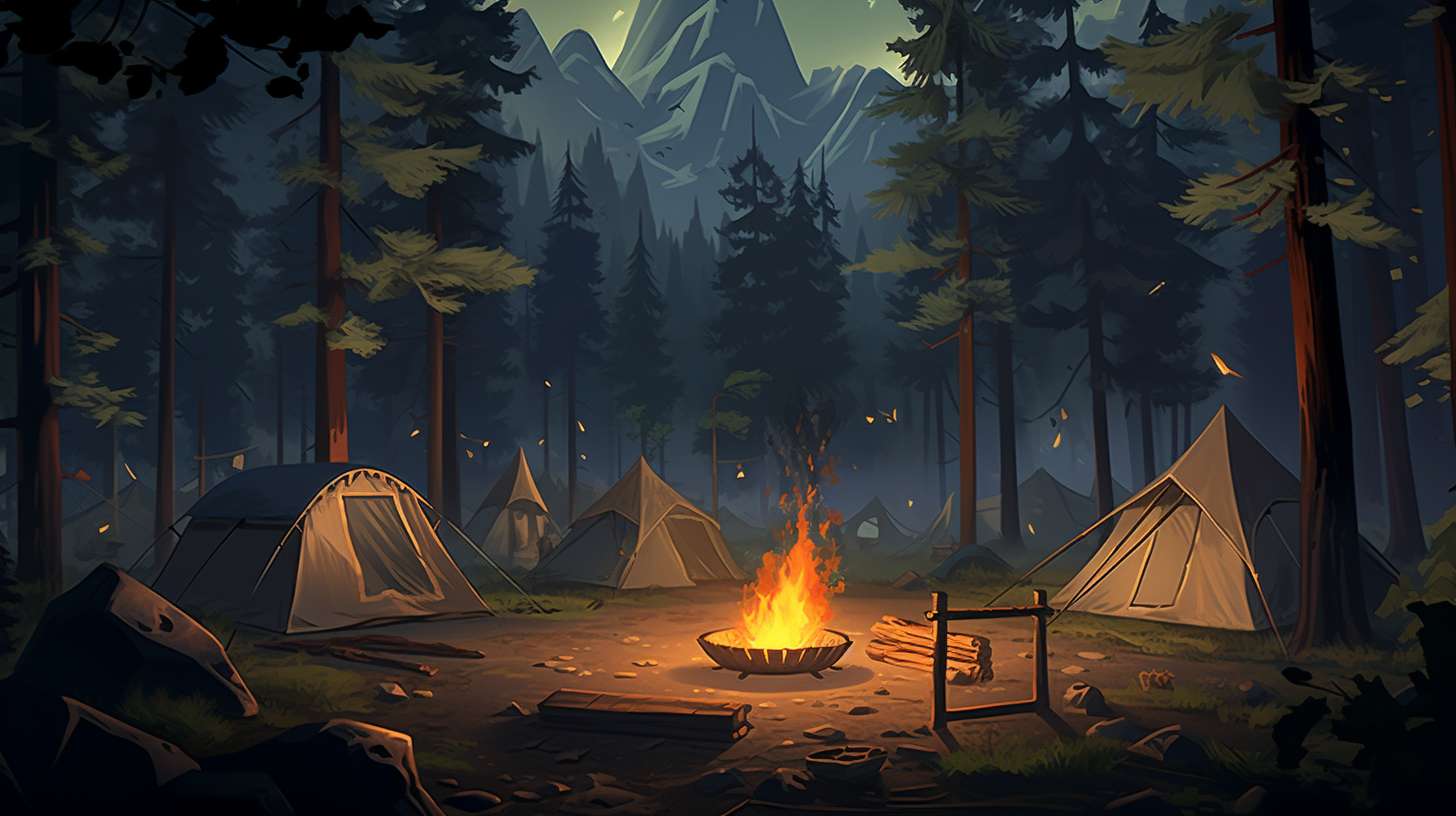 A serene campsite nestled amongst towering pine trees, with a crystal-clear river flowing nearby. The campsite features a spacious level ground, a cozy fire pit, and a breathtaking view of snow-capped mountains in the distance.