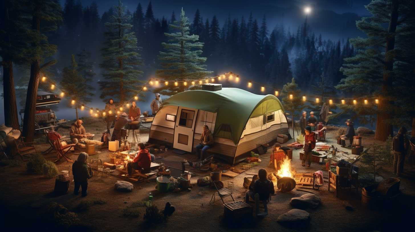 A serene campsite surrounded by a ring of bright LED safety lights, with a first-aid kit prominently displayed. A smoke detector hangs from a tree branch, and a group of campers practice safe fire-building techniques.