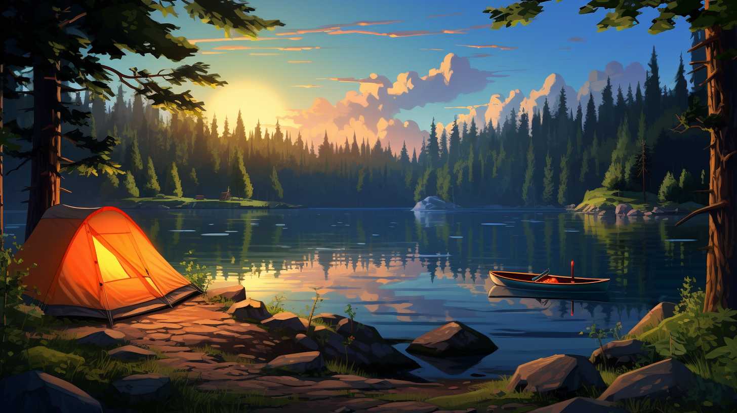 A serene, crystal-clear lake surrounded by lush green forests. Two kayakers glide through the water while a campsite with a cozy tent and a crackling campfire sits nestled among the trees.