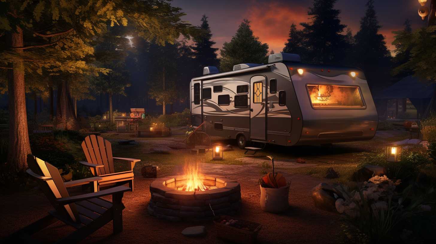 Luxurious RV nestled amidst towering trees, with a crackling campfire nearby, casting a warm glow on a cozy outdoor seating area.