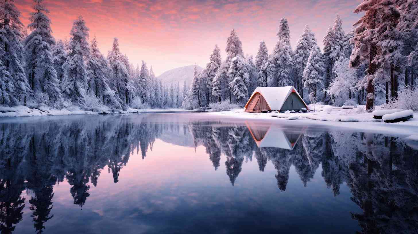 A frost-covered tent nestled amidst a winter wonderland, surrounded by snow-capped trees and a serene frozen lake.