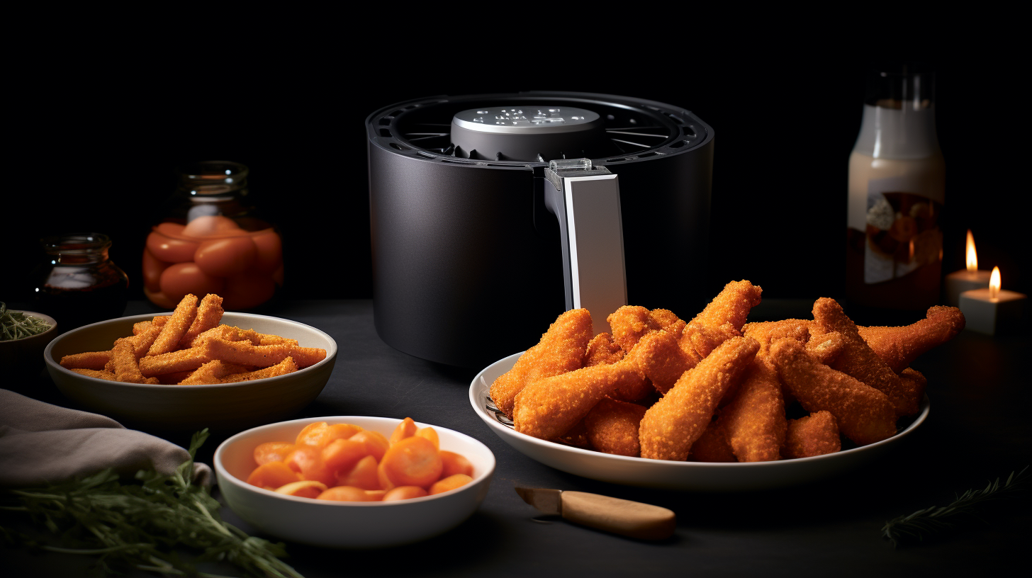 A delicious platter of crispy onion rings, buffalo chicken wings, and mozzarella sticks cooked to perfection in an air fryer.