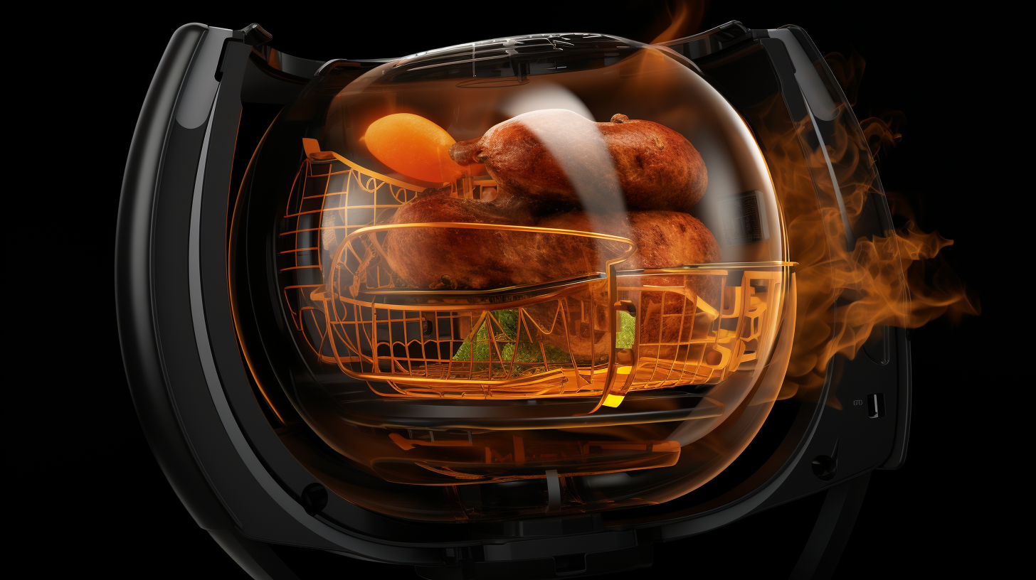 Inner workings of an air fryer, showing the heating element, high-speed fan, and the circulation of hot air for efficient and healthy cooking.