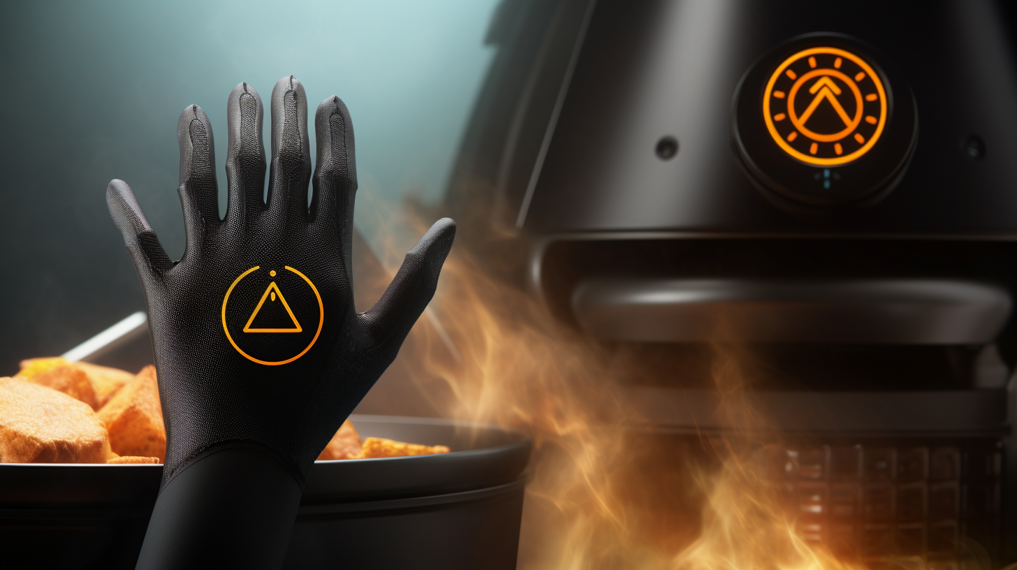 Close-up of an air fryer with a finger pulling back, emphasizing the importance of using oven mitts or tongs to handle hot food. A safety symbol is shown in the background.