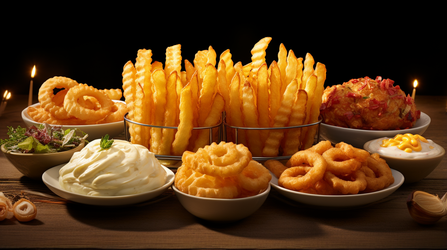 Array of perfectly golden and crispy side dishes and accompaniments prepared using an air fryer, including a variety of vegetables, fries, onion rings, and other delectable bites.