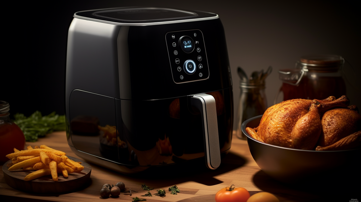 An air fryer with a transparent lid, a digital touch screen display, adjustable temperature and time settings, multiple cooking presets, and a non-stick cooking basket.
