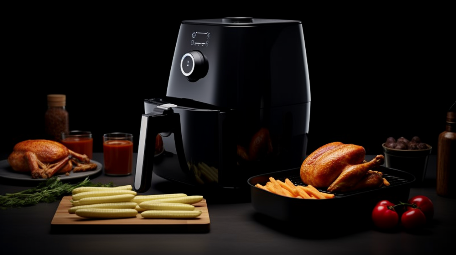 A comparison image showing an air fryer and a deep fryer side by side. The air fryer has a sleek design with digital controls, while the deep fryer has a classic appearance with a large oil container. The image highlights the healthy cooking method of the air fryer and the indulgent frying process of the deep fryer.