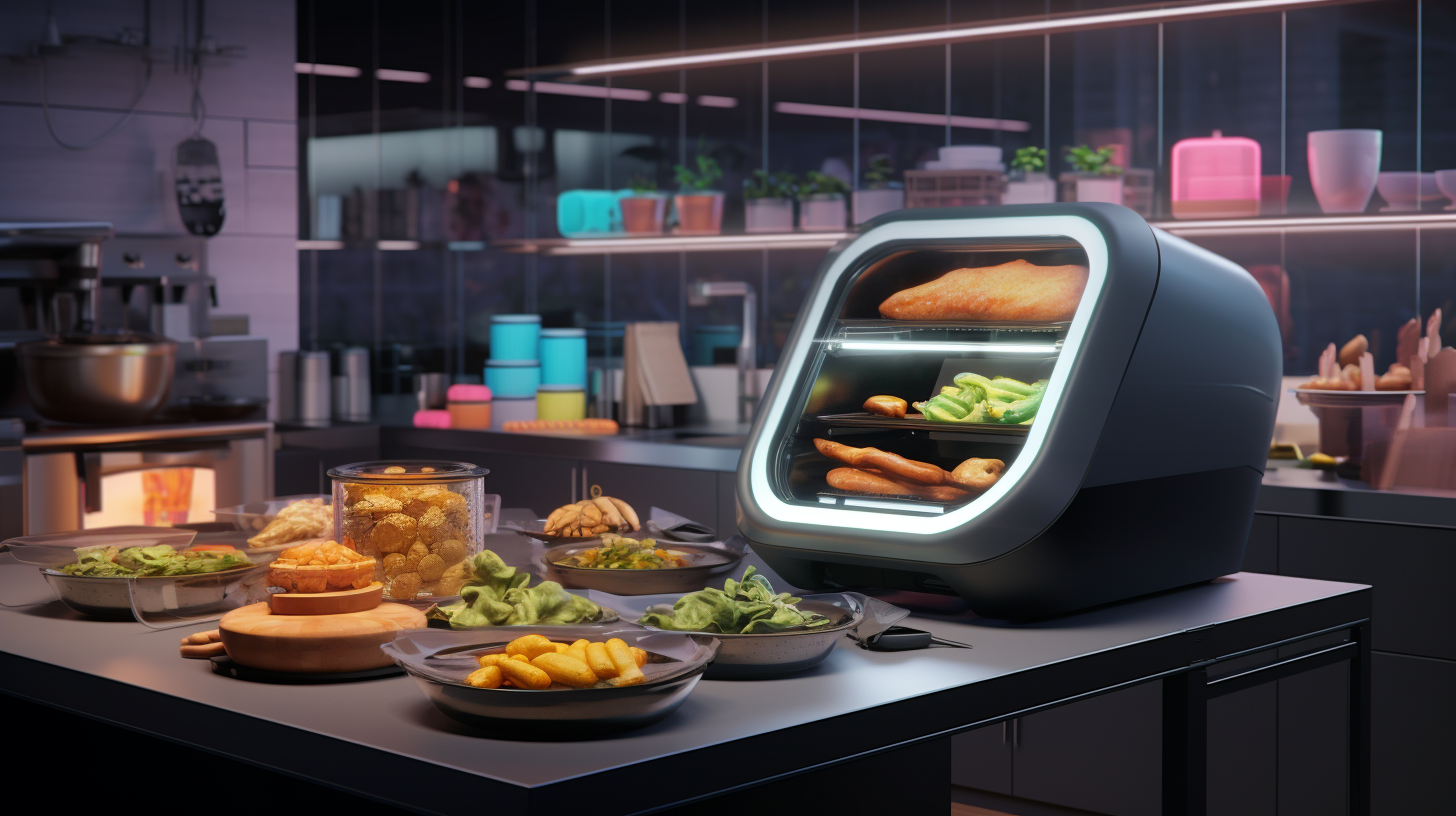 A busy individual cooking a variety of delicious and healthy meals effortlessly in their futuristic kitchen using an air fryer.