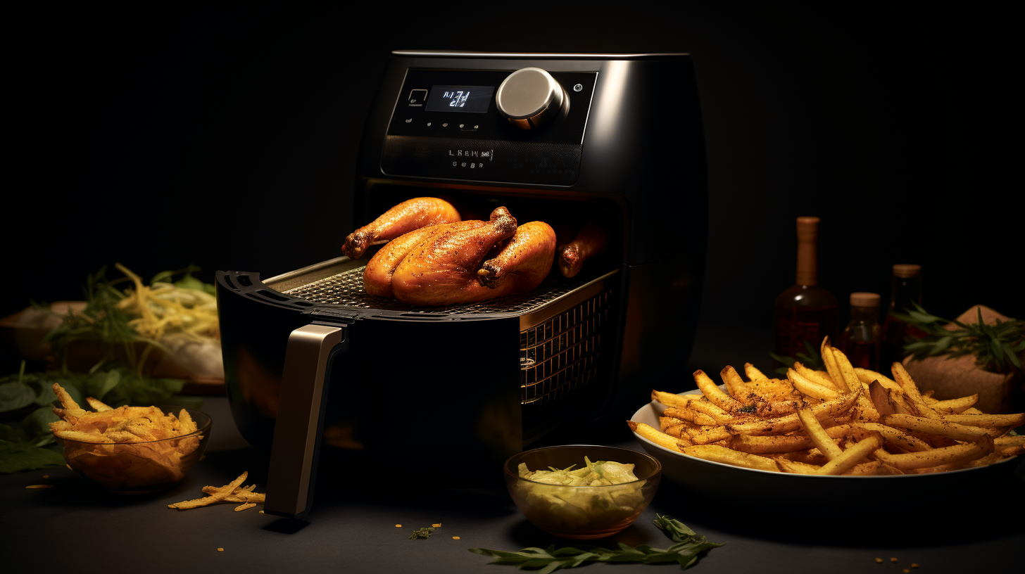 A mouthwatering array of crispy golden fries, succulent chicken wings, and perfectly baked mozzarella sticks emerging from an air fryer, glistening with aromatic spices.