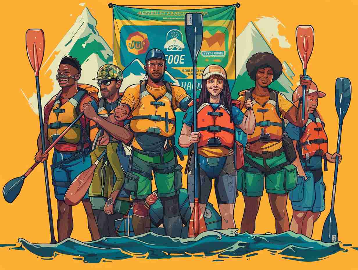 A diverse group of individuals wearing matching rafting gear and holding paddles standing in front of a banner with the logo of various rafting organizations and associations