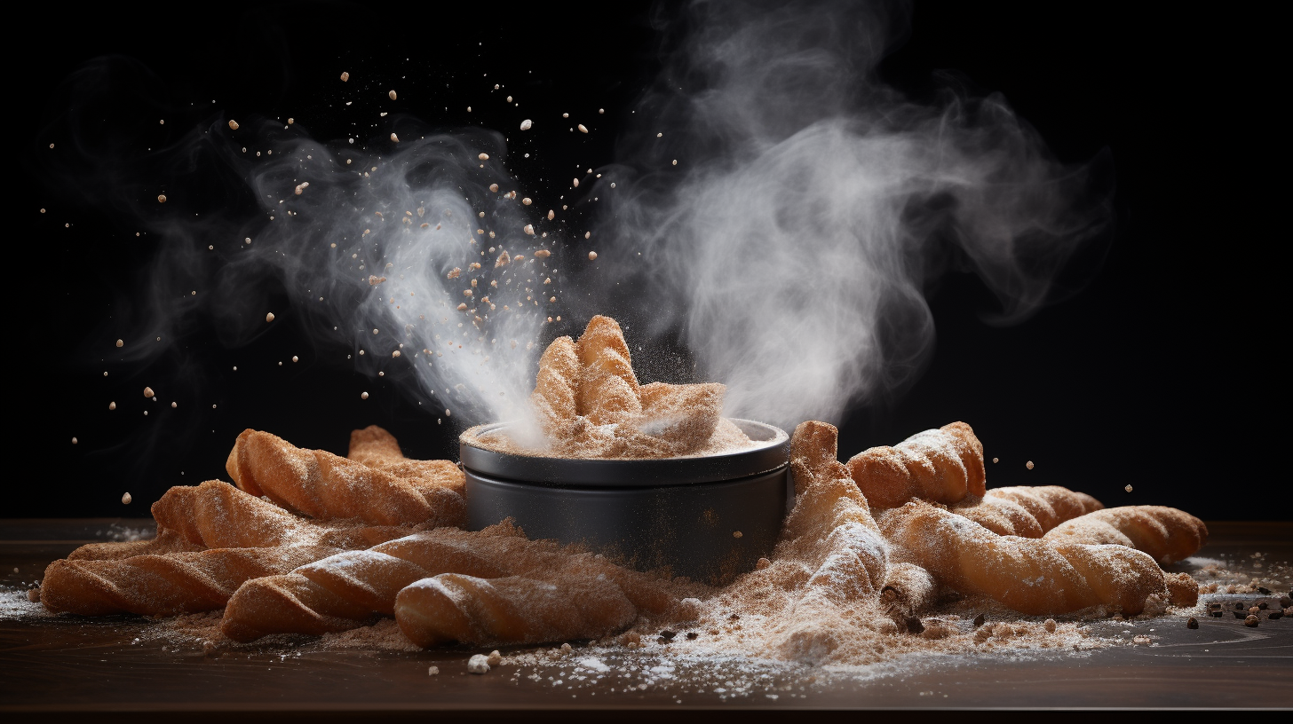 A delicious assortment of golden-brown flaky croissants, crispy churros, and gooey chocolate chip cookies emerging from an air fryer, surrounded by a cloud of aromatic cinnamon and powdered sugar.