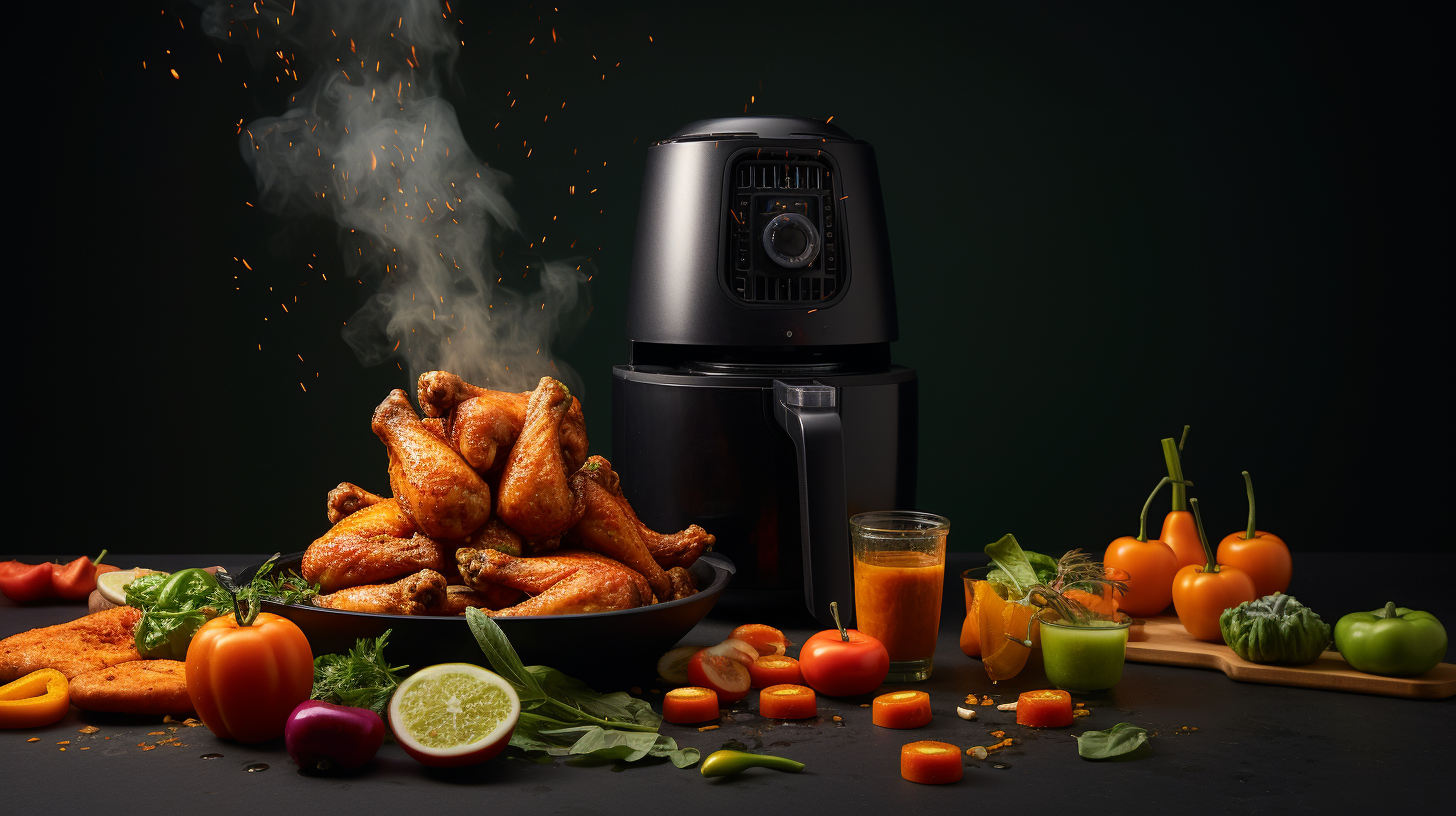 A platter of perfectly golden and crispy air-fried chicken wings served with a vibrant array of colorful vegetables and herbs, showcasing the versatility and health benefits of cooking with an air fryer.