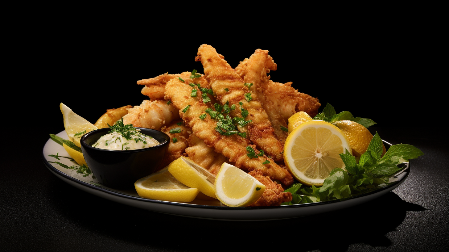 A perfectly golden, crispy shrimp and a flaky, tender fish fillet cooked to perfection in an air fryer. Accompanied by colorful slices of lemon and a sprig of fresh parsley for a vibrant touch.