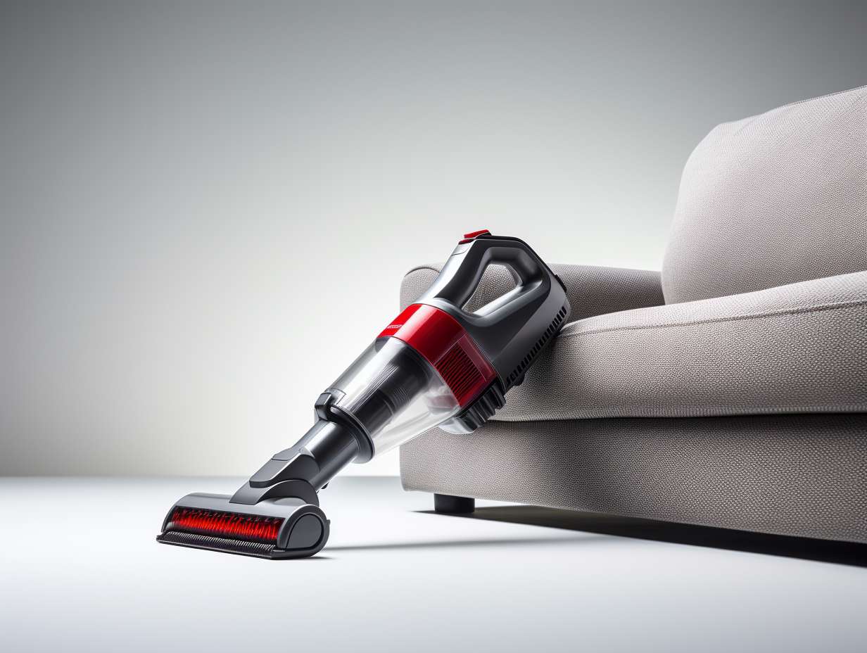 Person using a compact handheld vacuum cleaner to clean up small spills and messes on upholstery stairs and other hardtoreach areas