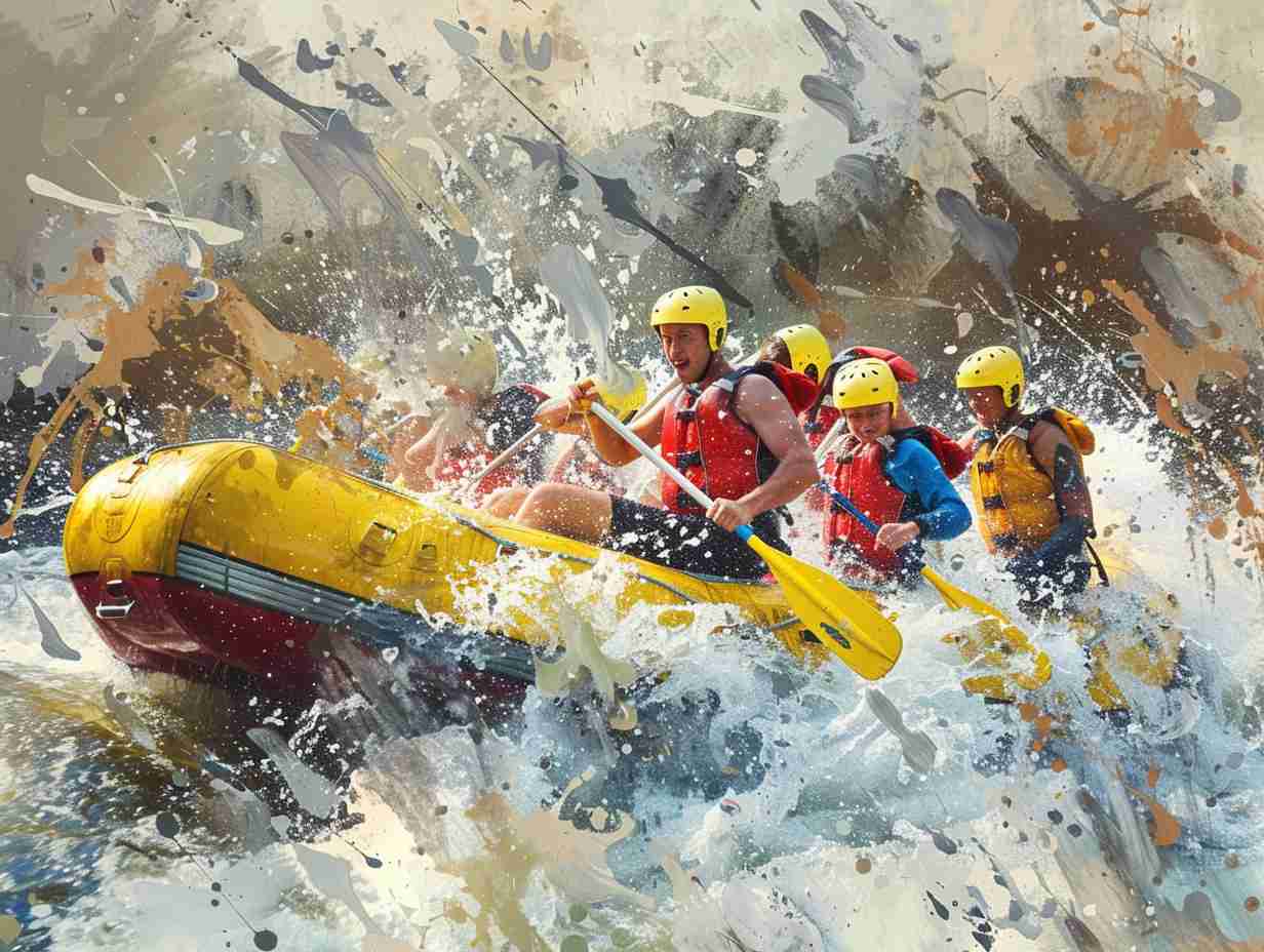 Group of rafters navigating intense rapids in a thrilling rafting competition