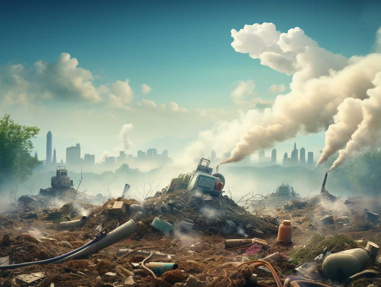 A landfill filled with discarded vacuum cleaners surrounded by polluted air and destroyed wildlife habitats