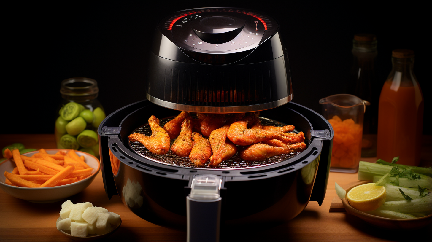 A colorful array of mouthwatering leftovers including crispy chicken wings, golden onion rings, perfectly reheated pizza, and crunchy sweet potato fries, all cooked to perfection in an air fryer.