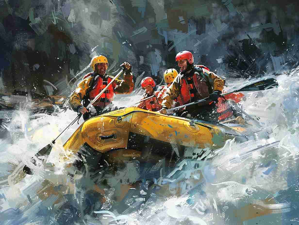 A group of rafters wearing helmets and life jackets paddling through rough rapids with clear communication and teamwork