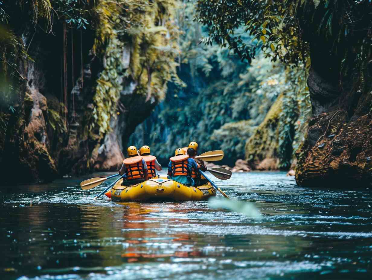 Group of people navigating through a narrow river channel in a raft