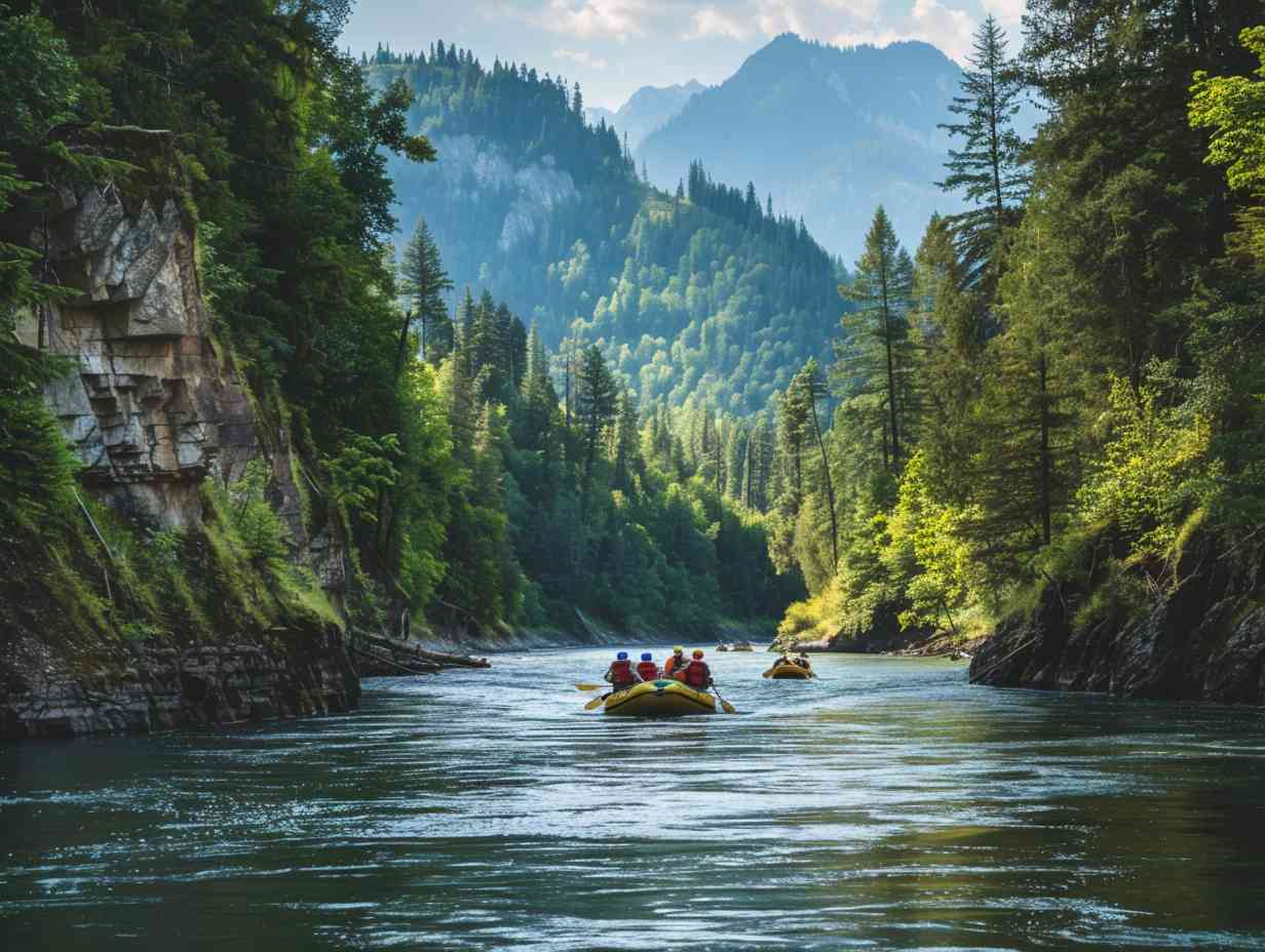 Group of people navigating through tranquil waters surrounded by lush green forests and towering mountains