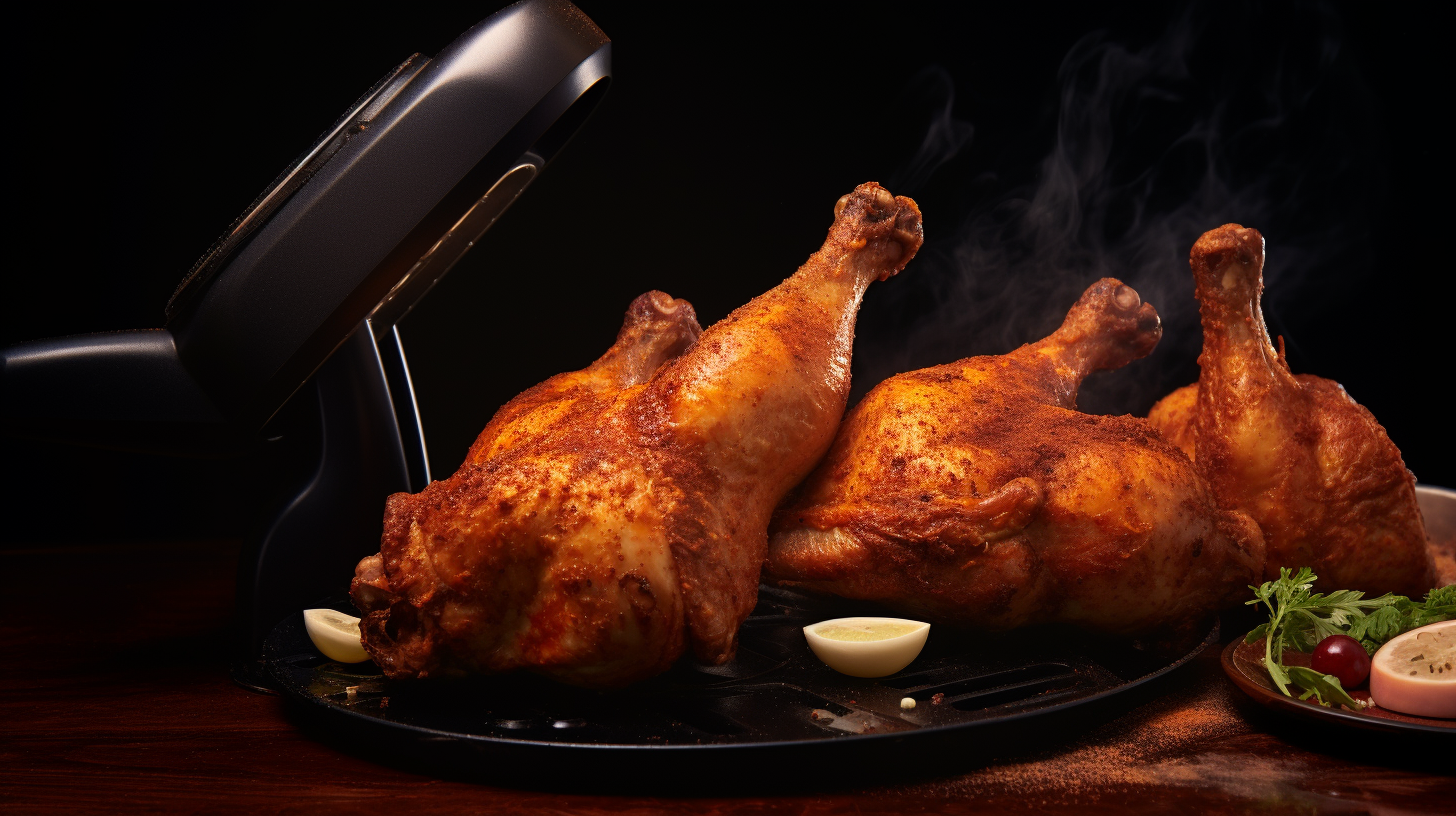 A sizzling golden-brown chicken drumstick and a juicy steak, perfectly cooked in an air fryer. The crispy exterior, tender meat, and mouthwatering juices are captured, showcasing the essence of air frying meat and poultry.