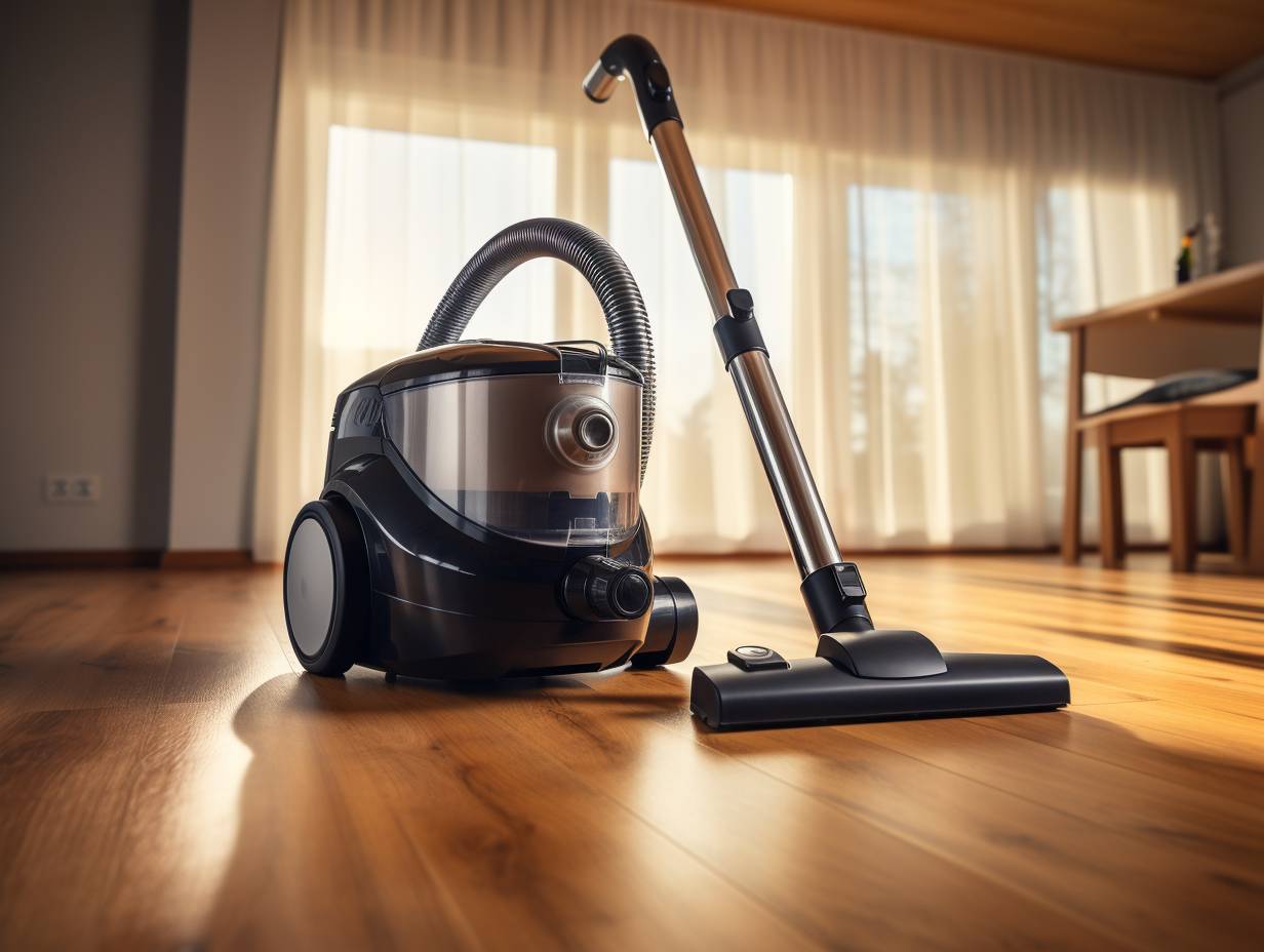 A sleek modern canister vacuum cleaner effortlessly cleaning hardwood floors and carpets in a spacious welllit room