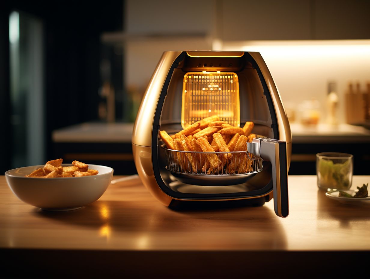 A sleek, futuristic kitchen with a state-of-the-art air fryer as its centerpiece emitting a warm, golden glow and tantalizing aromas of perfectly crisped food filling the air.