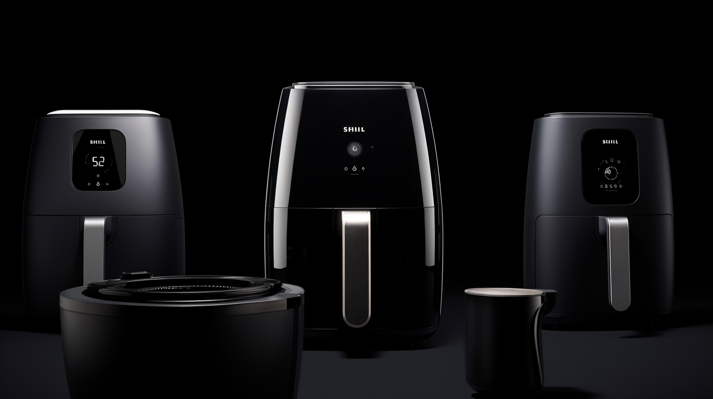 A lineup of sleek and modern air fryers with varying designs, sizes, and features, showcasing the array of options available in 2023.