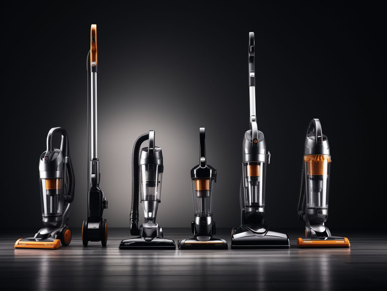 A variety of vacuum cleaner models showcasing adjustable suction settings HEPA filters detachable wand and bagless design