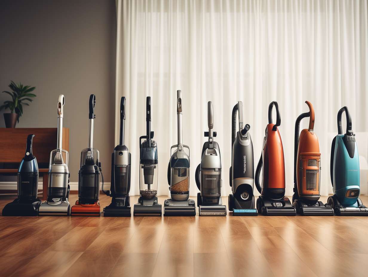 A row of various vacuum cleaners in a modern living room setting, showcasing different types and brands.