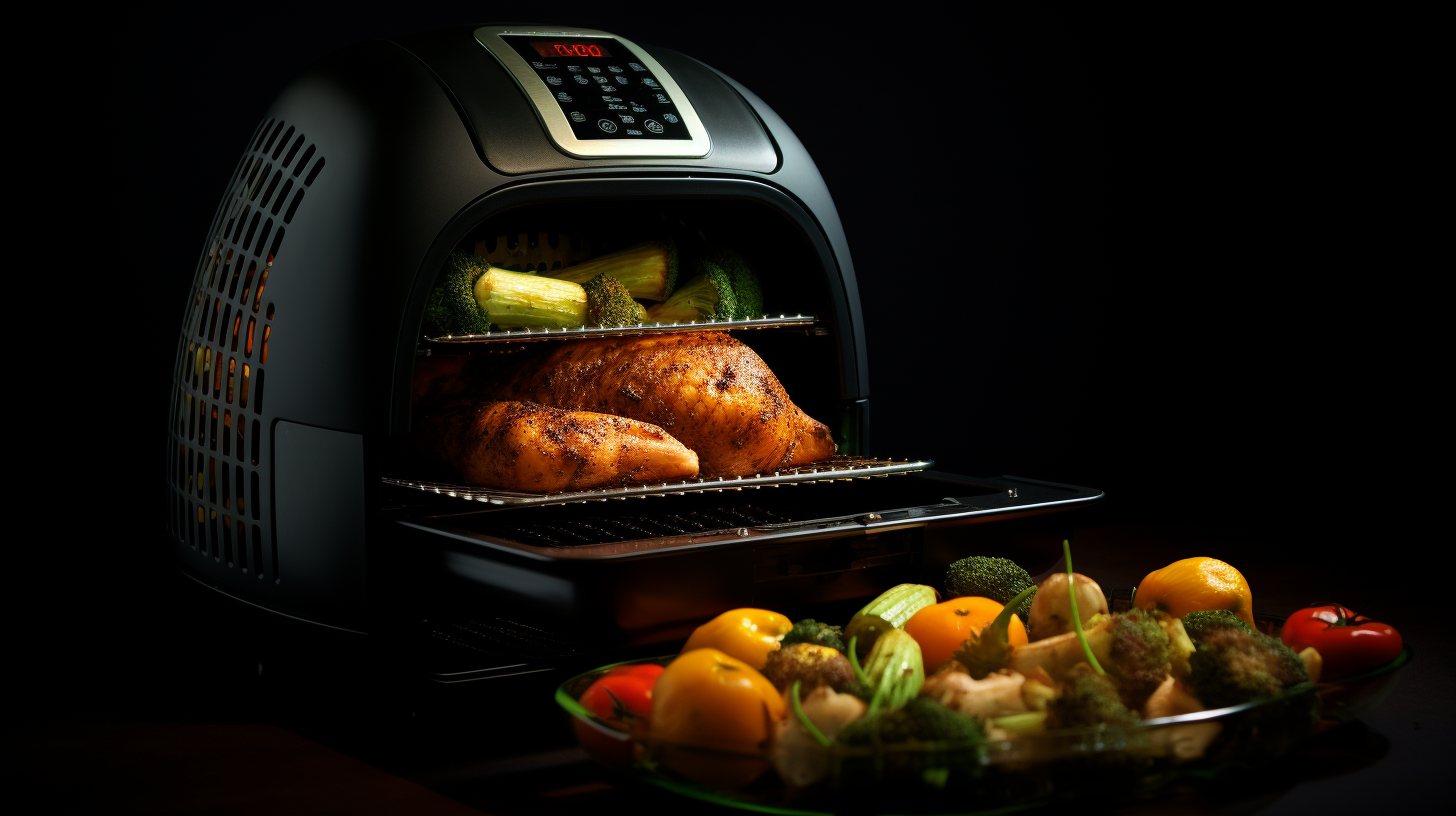 A colorful assortment of fresh vegetables and succulent proteins being cooked to perfection in an air fryer, emitting a mouthwatering fragrance and representing guilt-free, healthy cooking.