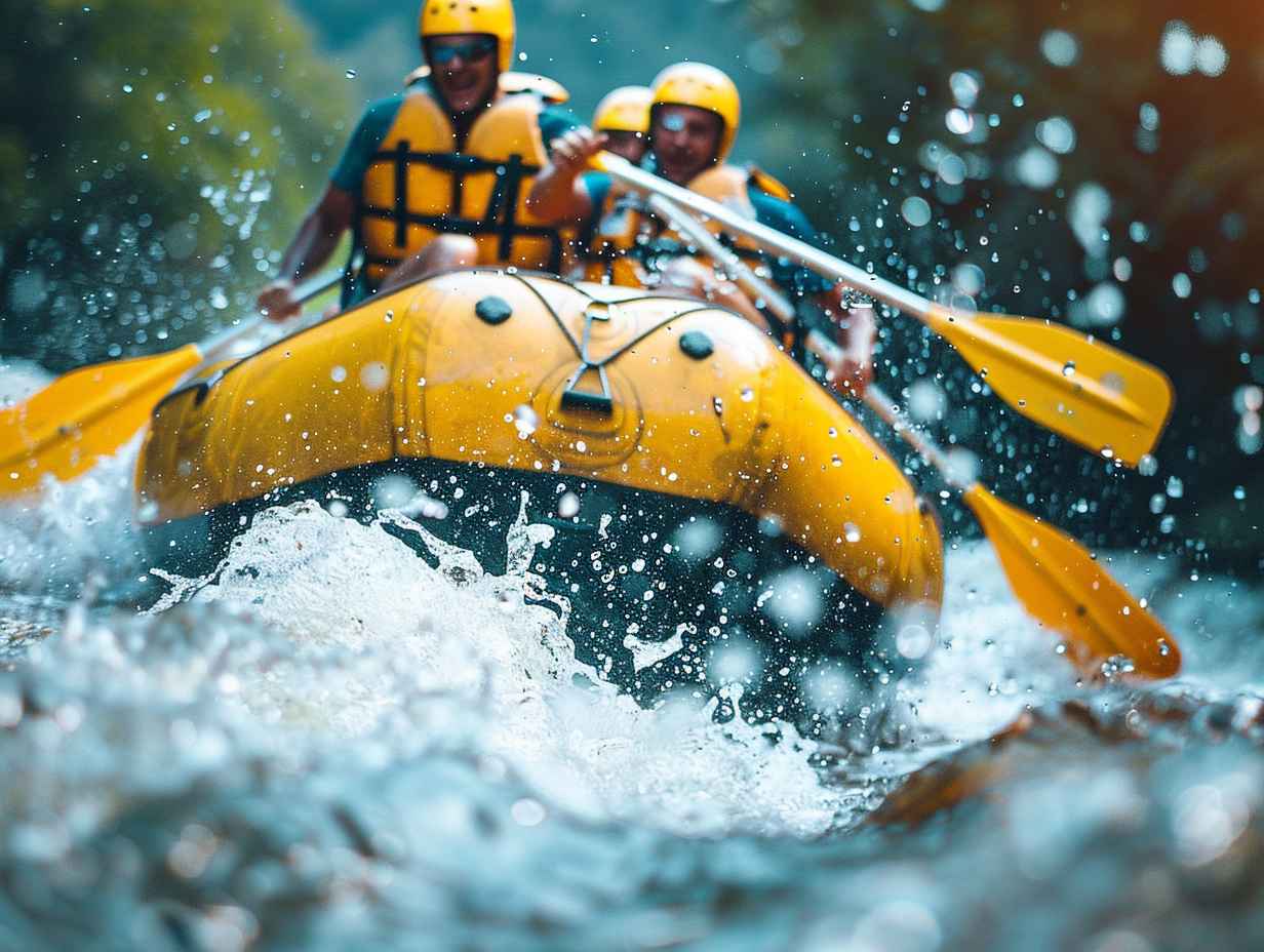 Group of adventurers navigating thrilling rapids on a roaring river